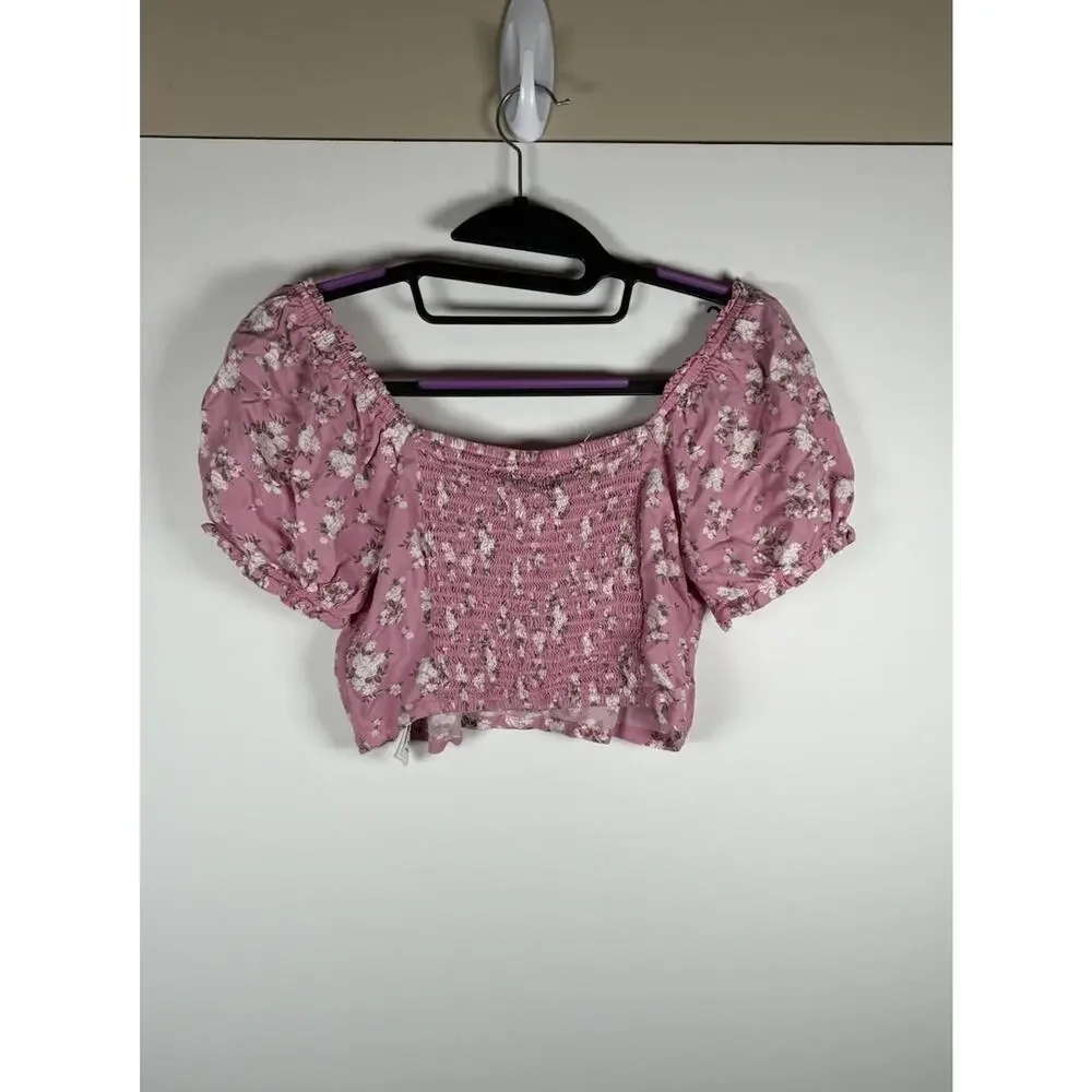 Hollister Pink Floral Puff Sleeve Crop Top Women Small Babydoll New Fairy